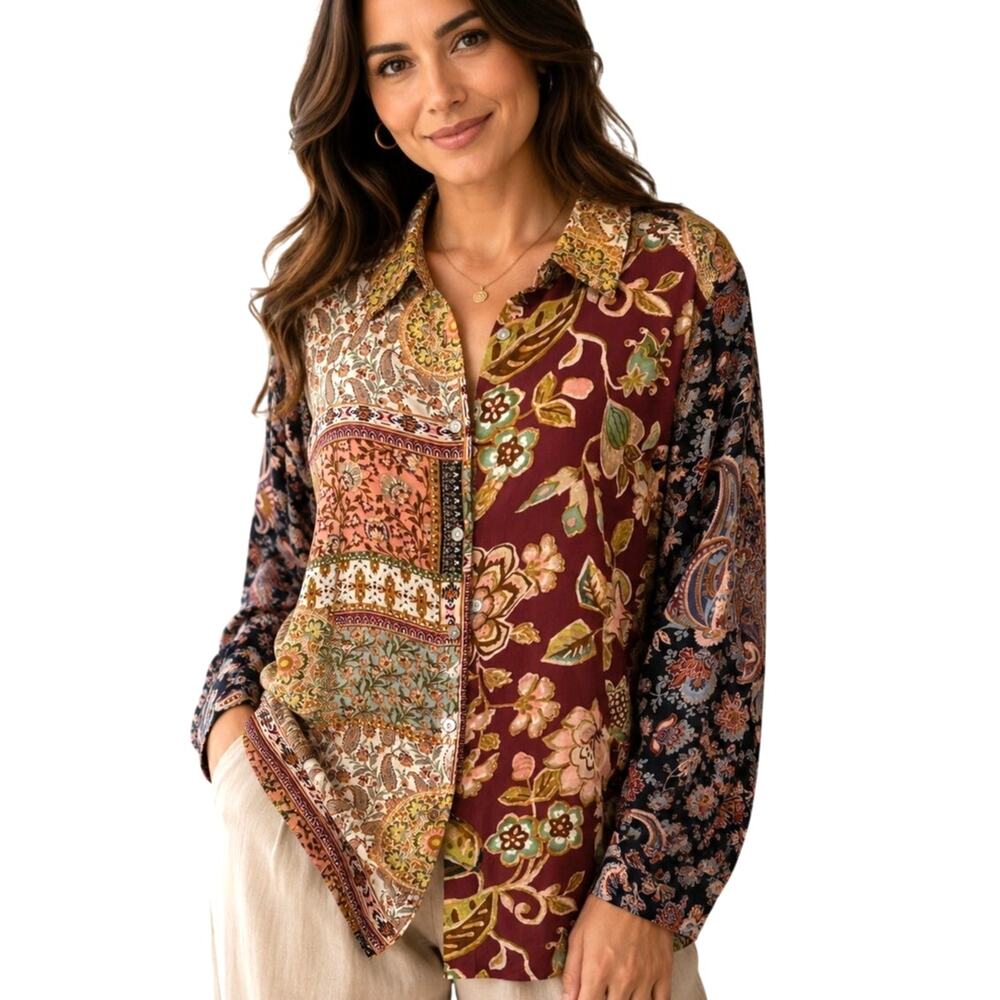 Rose & Olive Patchwork Button Top Womens Large Multicolor Paisley Floral Boho